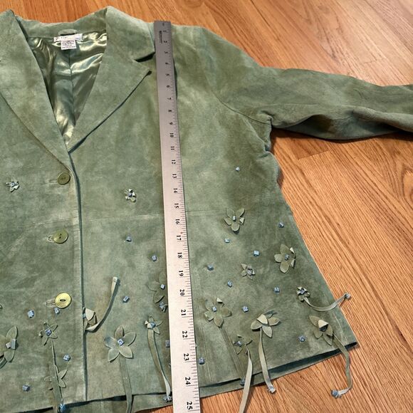 Victor Costa Sz 1X Suede Leather Green Coat Jacket Turquoise Stones FRINGE - Picture 7 of 10